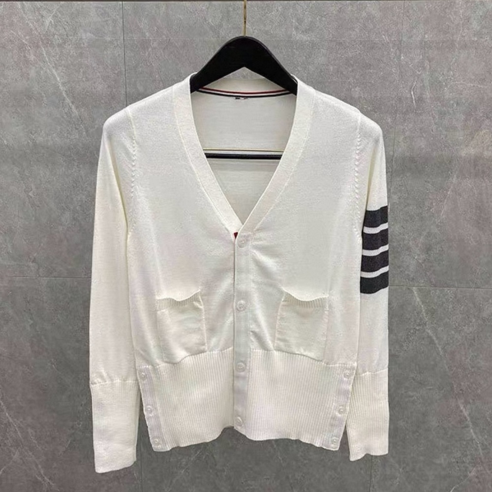Thom Browne style White Cardigan with Black Stripes